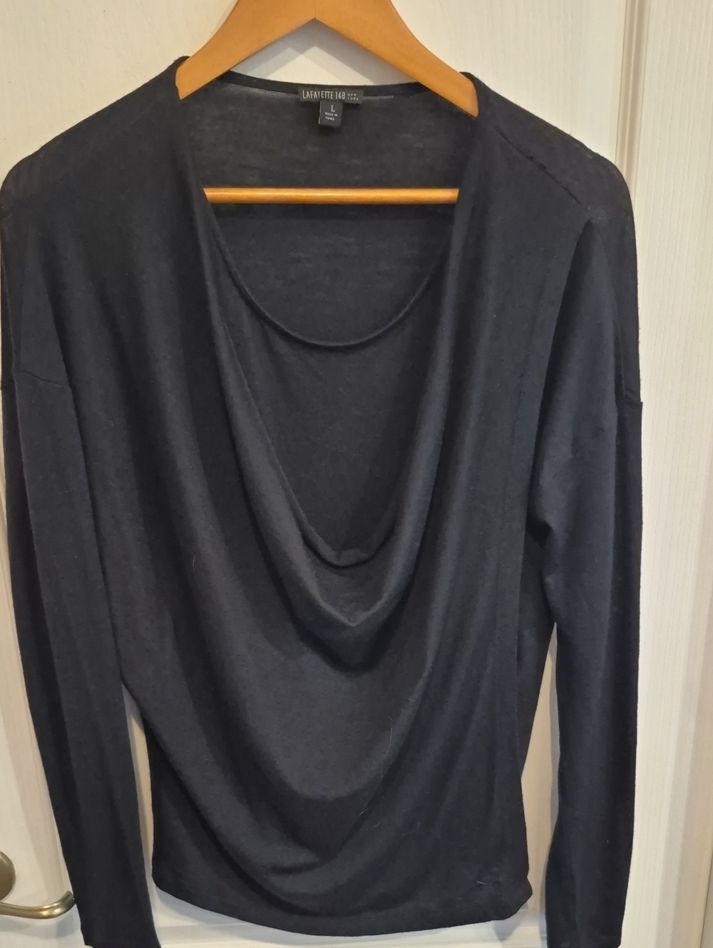 Lafayette 148 New York Black Drap Neck Virgin Wool Long Sleeve Top In Size Large